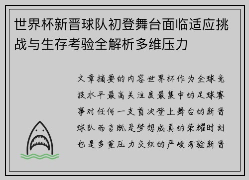 世界杯新晋球队初登舞台面临适应挑战与生存考验全解析多维压力